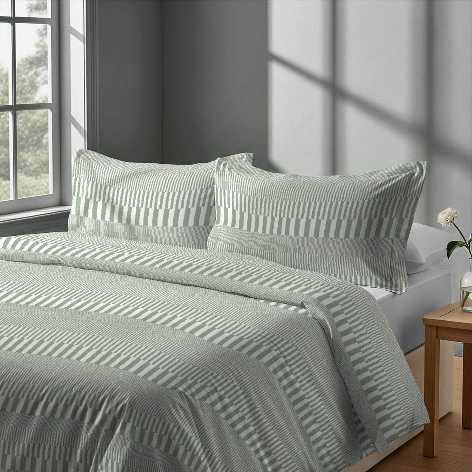 Calm luxurious bedroom bed with Cascade Stripe Green Pizuna Linens cotton duvet cover single size